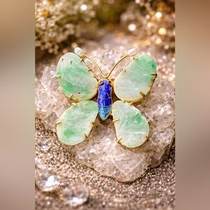 ANTIQUE Chinese Export Gilded Silver w/ GP Enamel Pearl Carved Jade Pin Brooch